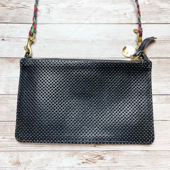 Clare V Wallet Clutch w/Tabs Black Perf and Mini Braided Crossbody Strap - Picture 4 of 7